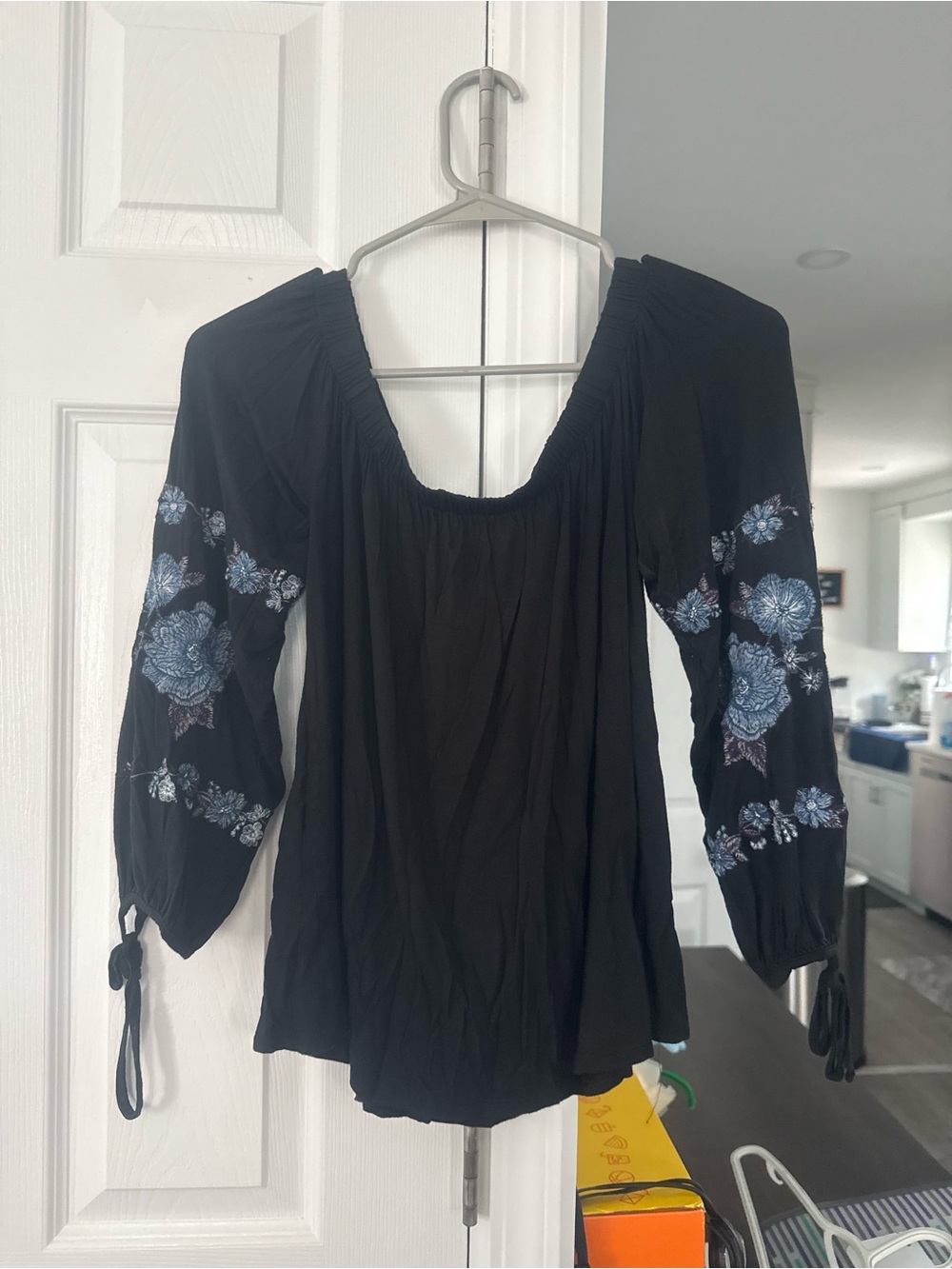 American Eagle Outfitters Black Peasant Top with Blue Floral Embroidery